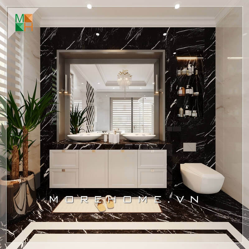 Thiết kế tủ chậu lavabo đẹp mắt và tiện kệ treo tường sẽ giúp phòng tắm đạt được cảm giác thoáng hơn vì sàn nhà ít bị che phủ khiến không gian trở nên rộng hơn và sáng hơn trong mắt người nhìn. Thiết kế phòng tắm nhà phố