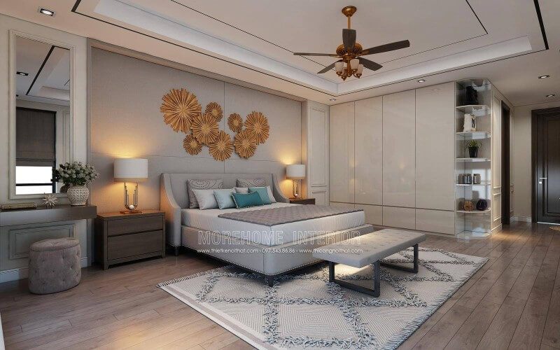 Trang trí nội thất phòng ngủ gỗ hiện đại với mẫu giường ngủ có chân bọc vải cao cấp