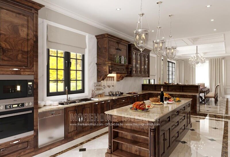 Mẫu tủ bếp tân cổ điển được làm từ chất liệu gỗ óc chó đầy mới lạ, sang trọng, mang tính thẩm mĩ cao nhờ những đường vân gỗ tự nhiên uốn lượn bắt mắt