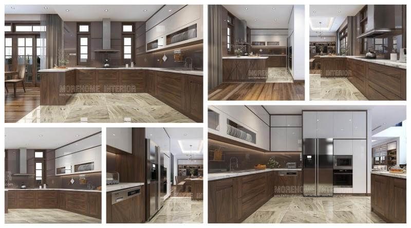 Mẫu thiết kế tủ bếp gỗ óc chó hiện đại kết hợp sơn trắng là sự hài hòa về màu sắc, tiện dụng theo xu hướng mới nhất, được nhiều độc giả quan tâm.