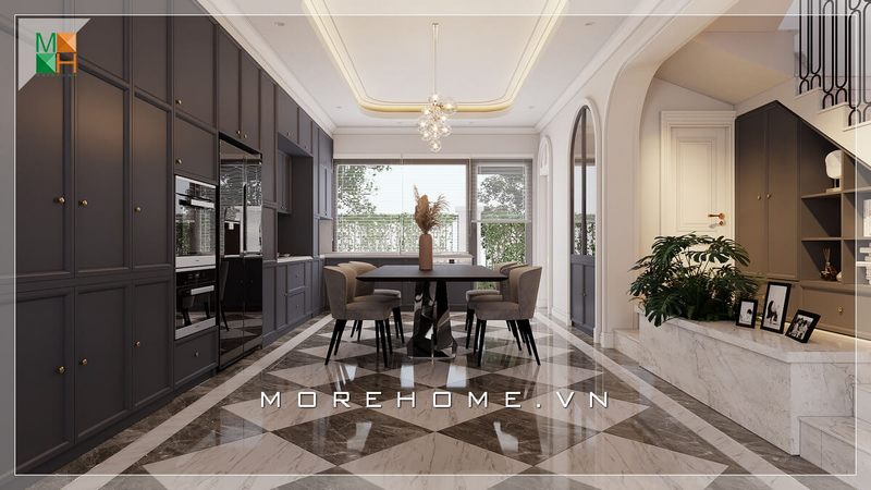 Thiết kế kệ tủ bếp chữ I kiểu dáng tân cổ điển đơn giản tông màu ghi xám sang trọng cho nhà phố, chung cư, biệt thự, phù hợp cả phong cách tân cổ điển và hiện đại